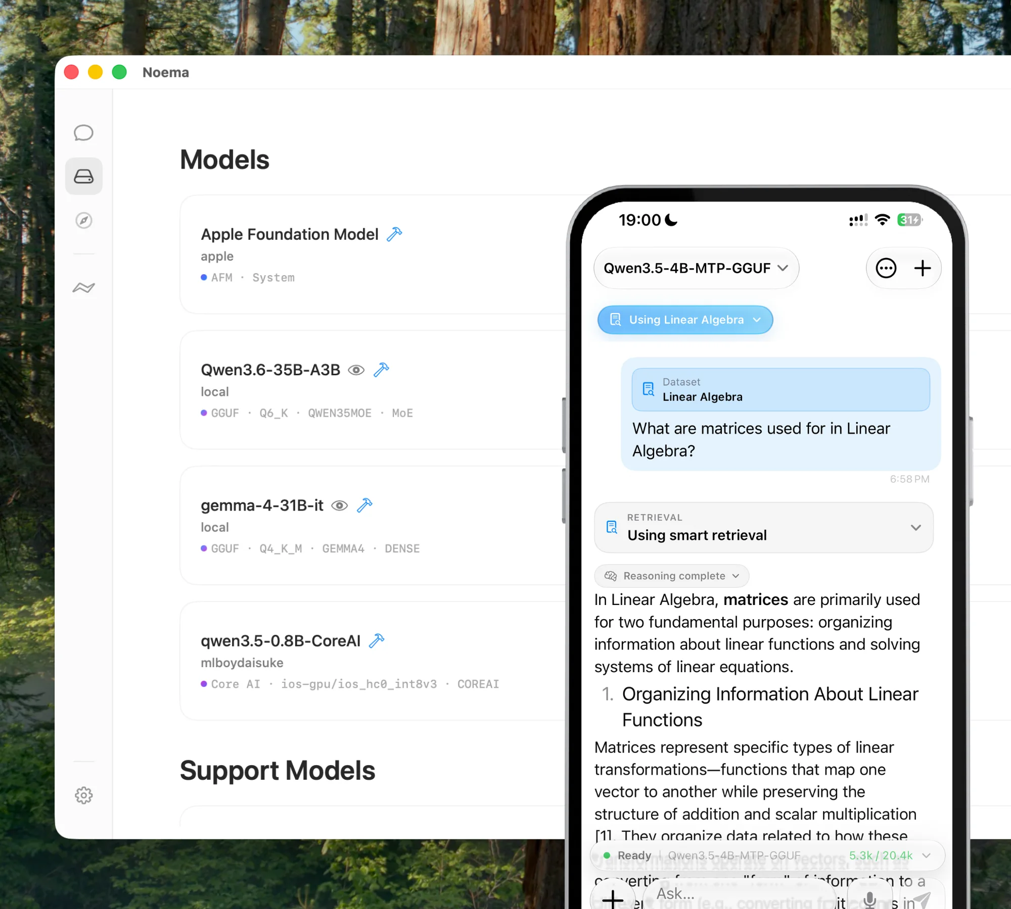 Noema model library on Mac beside an iPhone running grounded retrieval